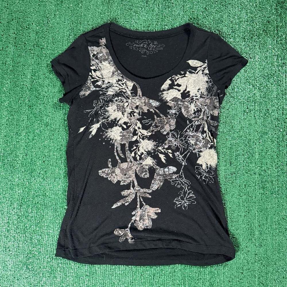 Y2K Womens Such a Tee's by Ricki's Black Floral V-Neck T-Shirt Size Medium